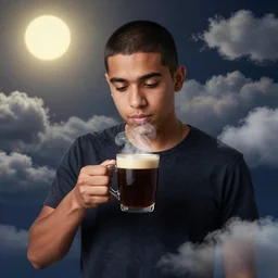portrait of a ( ( ( una taza de cafe grande y negro ) ) ), ( ( guapo joven caliente colombiano mulato pelo buzzed ) ), nubes y magia, el sol, concept character, by greg rutowski and tezuka and mucha and bierstadt and remington, trending on artstation