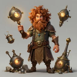 gnome with curly hair, dungeons and dragons, eccentric, inventions, character design, fantasy concept art trending on artstation