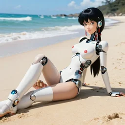 Photorealistic Hajime Sorayama designed Beautiful Robot woman relaxes at the beach in a Mario Testino Style Photograph