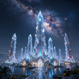 a futaristic crystal city with elves. the milky way is in the sky