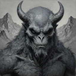 close up portrait of a grey monster with no eyes in the mountains of hell, oil painting by tomasz jedruszek, cinematic lighting, pen and ink, intricate line, hd, 4 k, million of likes, trending on artstation