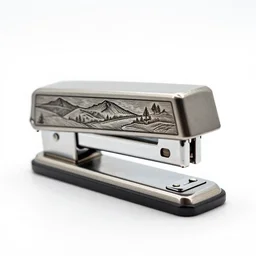 engraved stapler, high detail macro photography, isolated on a pure white background, centered, entire object in frame, sharp focus, soft studio lighting