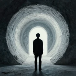 a person standing in front of a portal to another dimension, art by emmanuel shiu