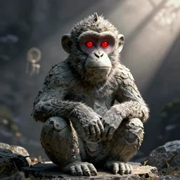 a monkey made of stone, with glowing red eyes