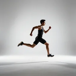 dashing runner mid-stride, studio photography, full body, standing, isolated on a pure white background, centered, whole figure in frame, sharp focus, studio lighting