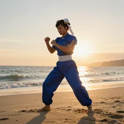 photo of Chun Li training at the beach, sunset, solar flare, fine art photography