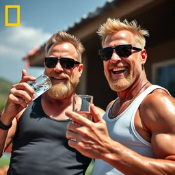 duke nukem with duke nukem, both wearing a tank top, sunglasses, drinking vodka, doing a thumbs up gesture, laughing at his house being on fire, high quality, very detailed, a beautiful photo, national geographic quality