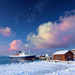 clouds, sky, constellations, night, stars, sea, snow, harbor, ships mooring, tavern, people, winter, ice, many colors, colorful, all colors, highly saturated colors, greg rutkowski, fantasy, detailed illustration, hd, 4k, digital art, overdetailed art, concept art, trending on artstation