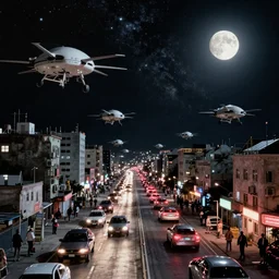 lots of floating manned drones in a traffic jam in a Russian cyberpunk slum city called Neo Norilsk on the Moon, at night, diverse, lively, black sky with shiny Milky way, blinding sun, sci-fi, lots of flying cars, levitation, cyberpunk outfits, photorealistic, grainy, 35mm, intricate, very very beautiful, elegant, smooth, cinematic, Unreal Engine 5, by Beeple, trending on Artstation HD