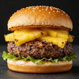 a juicy hamburger with pineapple, 8 k resolution, food photography, studio lighting, sharp focus, hyper - detailed