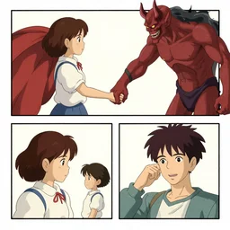 a young girl holds hands with a demon, 2 panels, webtoon art by anton fadeev and ghibli and wlop!