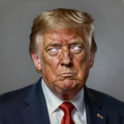 a demonic horrific portrait of donald trump, white eyes, bored, illustration, soft lighting, soft details, painting oil on canvas by edmund blair leighton and charlie bowater octane render, hdr, trending on artstation, 4 k, 8 k, hd
