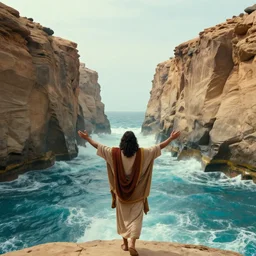 a photo of moses with his arms wide, splitting the sea, big water walls creating a pathway to cross the sea, beautiful scenery, cinematic