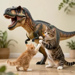 photo of a cat playing with a tyrannosaurus rex