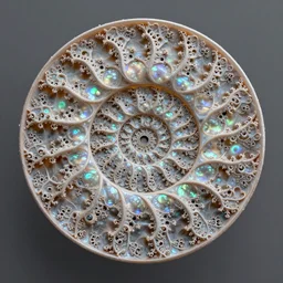fractalized ammonite, filigree, delicate, highly detailed, beautiful opalescent colours