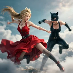 epic scene of ( most gorgeous final fantasy 7 character hyper detail in amazing red dress, ) ( fighting ) ( catwoman in a black tank top ), hyper realistic 3 d render, art station, particles, epic scene, mucha, clouds, jump pose, blur focus, action,