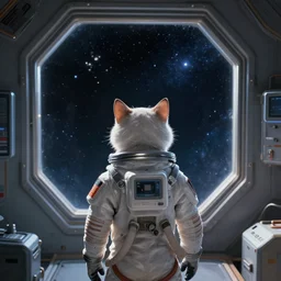 cat seen from behind wearing a spacesuit in a space station watching the stars trough a large window, digital painting, dramatic lighting, highly detailed, artstation, concept art