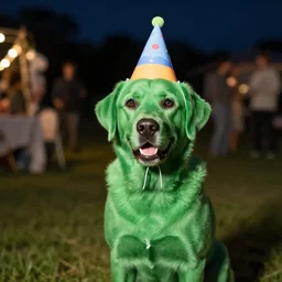 night time dslr photo of a green - fur, green dog, green labrador wearing a party hat in a country side party at night, bokeh depth of field, nikon lens