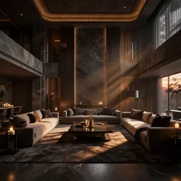 videogame screenshot of a very dark dreamy luxury maximalist living room, candlelight, sunset glow, dark shadows, god rays, chiaroscuro, wood concrete marble finishes, octane render, volumetric lighting, raytracing, symmetrical wide shot low angle