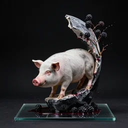 broken sculpture of a pig and blackberries, photorealistic, centred, ikebana vase, black background, obsidian, mounted on glass, berry juice splashes, zen, trending on artstation