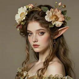 burlesque elf, flowers in hair, fantasy character portrait, ultra realistic, concept art, intricate details, art nouveau, japanese woodblock, cinematic, highly detailed by arthur rackham