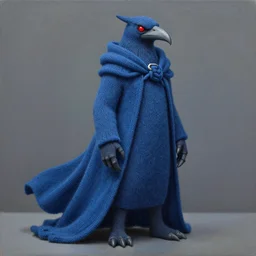 knit sculpture of a kenku raven in a flowing indigo cloak. oil on canvas by lead character artist