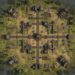 handpainted top down overhead bird's eye view!!! | | grid - based ruined dieselpunk army base virtual tabletop encounter map, by greg rutkowski, trending on artstation, r / battlemaps