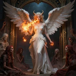 a beautiful faced angelic woman standing at the entrance gate of hell and spitting fire balls, lost souls in front of her, fantasy art, art by greg rutkowski and artgerm, amazing detail, hd, illustration, epic, intricate, elegant, artstation, concept art, smooth, sharp focus, cinematic, highly realistic and beautiful detailed face