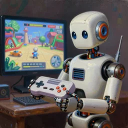 an elaborate robot holding a retro game controller in its hand, on screen video game shown in background, pixar animation, intricate details, hyperrealistic oil painting on canvas, deep depth field, hd, hdr, 4 k, 8 k, by gerardo dottori, oil on canvas