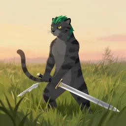 grey anthropomorphic panther human, green and black hair, wielding a sword standing in tall grass at dawn, artstation, fantasy