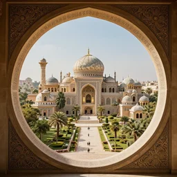 magical lands through round gateway, arabic, highly detailed, intricate, french rococo