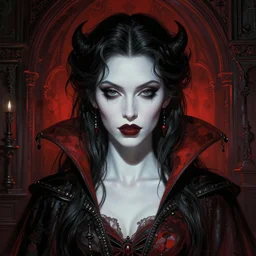 masterpiece engraving of elite vampire girl portrait by dan hillier and zdizslaw beksinski, epic, majestic, intricate artwork, porcelain skin, dramatic vivid colors, gothic, haunting, in the style of midjourney, trending on artstation 8 k