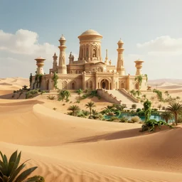 beautiful render of a desert landscape, unreal engine, tribal palace, majestic dunes, lush oasis, vines, soft light, by james fagan, cgsociety