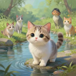 a painting of a cute kitten at a river. character design by cory loftis, fenghua zhong, ryohei hase, ismail inceoglu and ruan jia. volumetric light, detailed, rendered in octane
