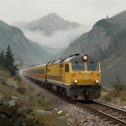 a digital painting of a train in the mountains and there is fog in the distance aproaching