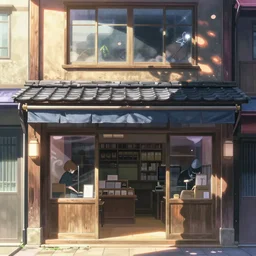 front view of a japanese storefront in the beautiful anime film by makoto shinkai