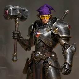 a man with yellow goggles, mechanical armor and spikey hair, wielding mechanical hammer, blacksmith, wearing purple cap, izzet guild, d & d, fantasy, intricate, cinematic lighting, highly detailed, digital painting, artstation, concept art, smooth, sharp focus, illustration, art by artgerm and greg rutkowski and alphonse mucha