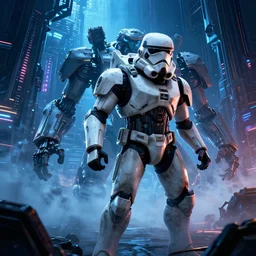 establishing shot film still photo of the white stormtrooper terminator skull warror in a massive mass effect halo robot factory at night,blue haze, volume metric lighting, retracing, unreal, concept art cyperpunk video game poster design with intricate details :: action, gears of war, smoke, post apocalyptic, deathstar, Battlestar Galactica, neon lighting, lens flare, rich vibrant colors, High contrast, blizzard concept artist, acrion, Ralph McQuarrie, Roger Deakins, syd mead