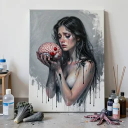 dripping black and grey paint, white splashed paint, sensual, pork, a sad portrait in a female art student's apartment, surgical supplies, grey vegetables, depression, crying, woman holding a brain from inside a painting, berries, octopus, incense, bottles covered in wax, neo - expressionism, surrealism, acrylic and spray paint and oilstick on canvas