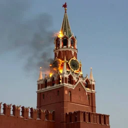 high quality photo of burning Spasskaya Tower on Red Square, highly detailed, 8k, professional