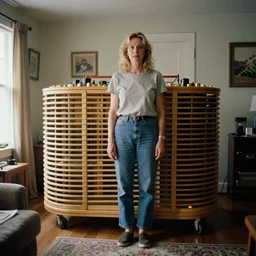 photograph of woman standing in front of orgone accumulator in suburban living room, crisp focus, highly detailed, in roger deakins style, 3 5 mm ektachrome, 4 k, ultra sharp