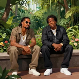 Nasir bin Olu Dara Jones sitting next to JayZ in a lush singaporean garden, luxurious, octane render, smooth, sharp focus, illustration, by WLOP and Mandy Jurgens and William-Adolphe Bouguereau