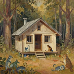 a cabin tucked away in the woods with creatures lounging by matthew forsythe, detailed, intricate, warm tones, paper collage, oil on canvas by chuck groenink, moebius