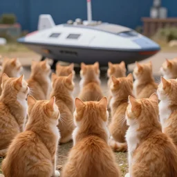 1 9 8 0's color photo of thousand of cute ginger cats from behind, starting spaceship at background