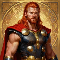 painted portrait of rugged tobi maguire god of thunder, norse god, red hair, masculine, mature, handsome, upper body, red and gold, muscular, hairy torso, fantasy, intricate, muscular, elegant, highly detailed, digital painting, artstation, concept art, smooth, sharp focus, illustration, art by gaston bussiere and alphonse mucha