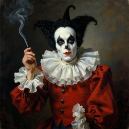 serge gainsbourg dressed like a pierrot and smoking, masterpiece painted by boris vallejo