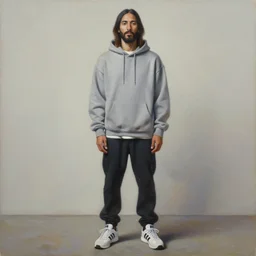 a full body portrait of modern day jesus wearing jerry lorenzo streetwear hoodie and pants by nicola samori, oil painting, smudges, realistic, 8 k, adidas sneakers style