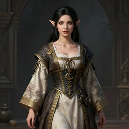 beautiful gorgeous elf woman in dress mix of kimono and european colonial dress mediaval, ardeco, octan render, stylized in blizzard style, black hair, concept artstation, front camera view
