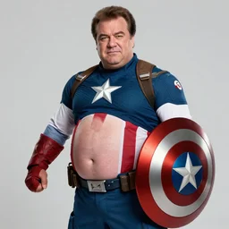 Portrait of Fat Danny Devito with his belly sticking out as Captain America, He is Holding his shield while posing, realistic, detailed, 4k by Greg Rutkowski Mark Arian trending on artstation