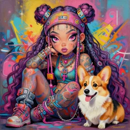beautiful painting of hiphop solarpunk princess chill with corgi, by, craig mullins, craig davison. trending on artstation, 8 k, masterpiece, graffiti paint, fine detail, full of color, intricate detail, golden ratio illustration, face enhance